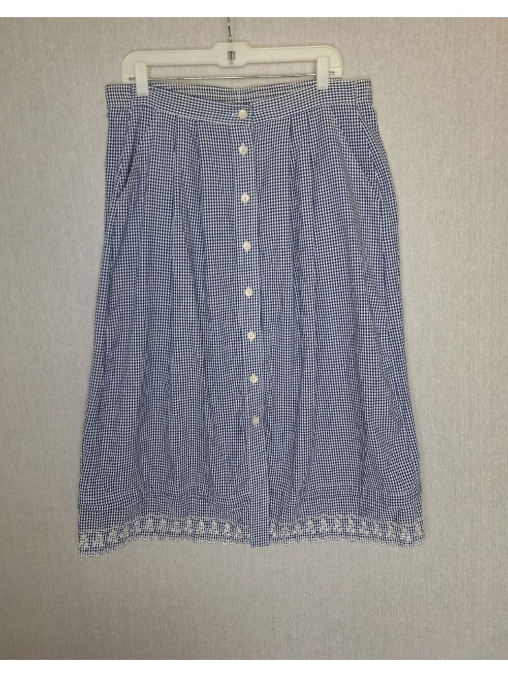 💙 Vintage Jantzen Classics Gingham Midi Skirt Blue White Size 14 Button Front P
